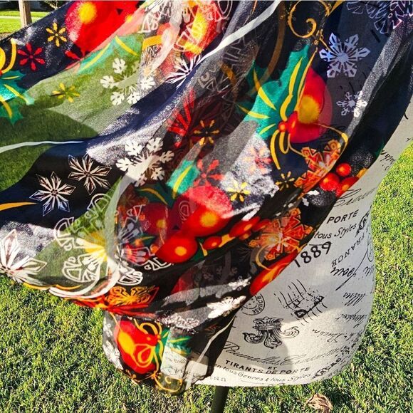 VTG Set Of 2 Festive Cats Ornament Print Oblong Holiday Theme Scarves. - Picture 14 of 15